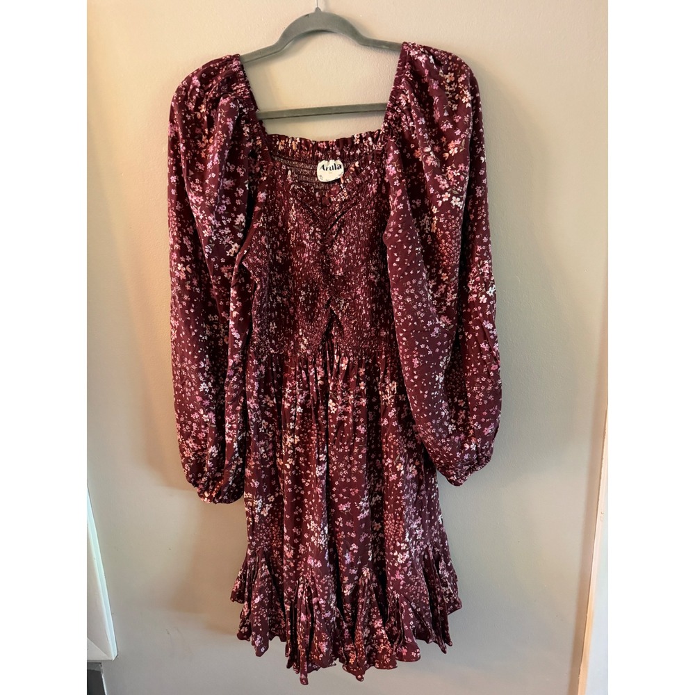 Arula Burgundy Floral Smocked Mini Dress Long Sleeve Square Neck Plus Size 0X